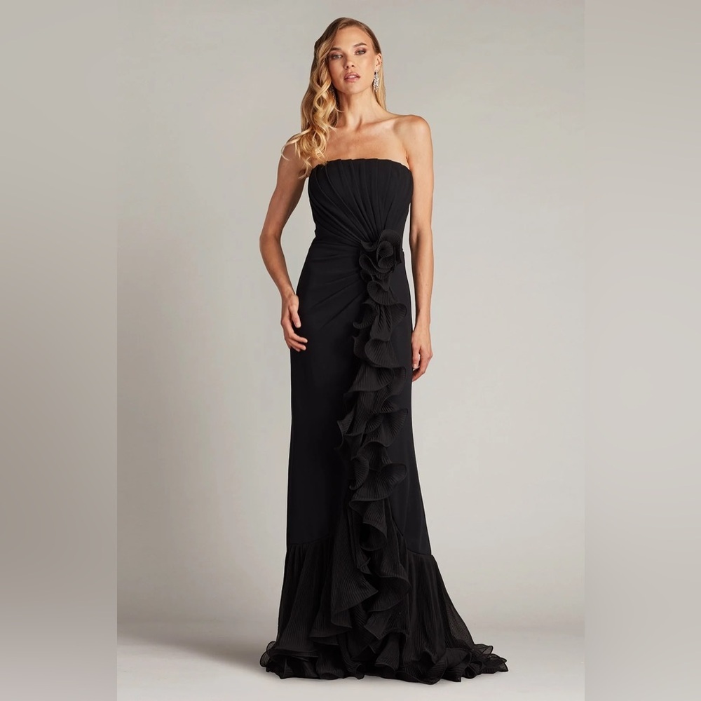 new Tadashi Shoji LEITH CASCADING RUFFLE GOWN in black